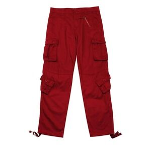 Utcoco Mens Red Multi Pocket Cargo Pants Cotton Straight Leg Drawstring Size 30